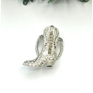 Vintage scarf clip silver tone cowgirl shape clear rhinestones 1.5" length
